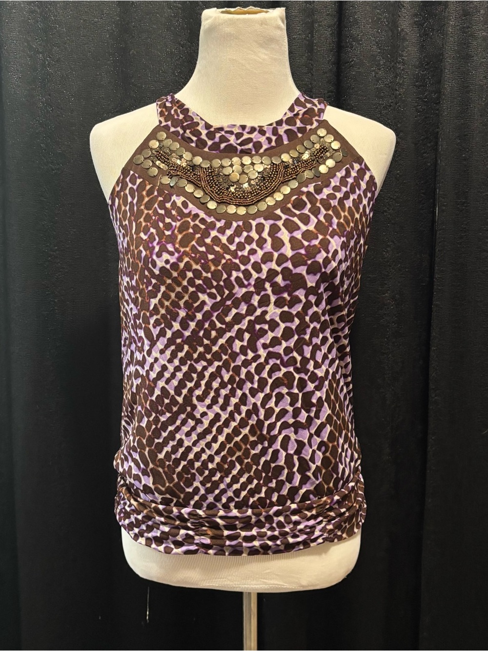 Sleeveless Purple Brown Animal Print Halter Top with Embellished Neckline